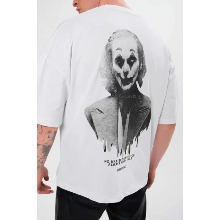 Unisex Bisiklet Yaka Baskılı Oversize T-Shirt - Beyaz