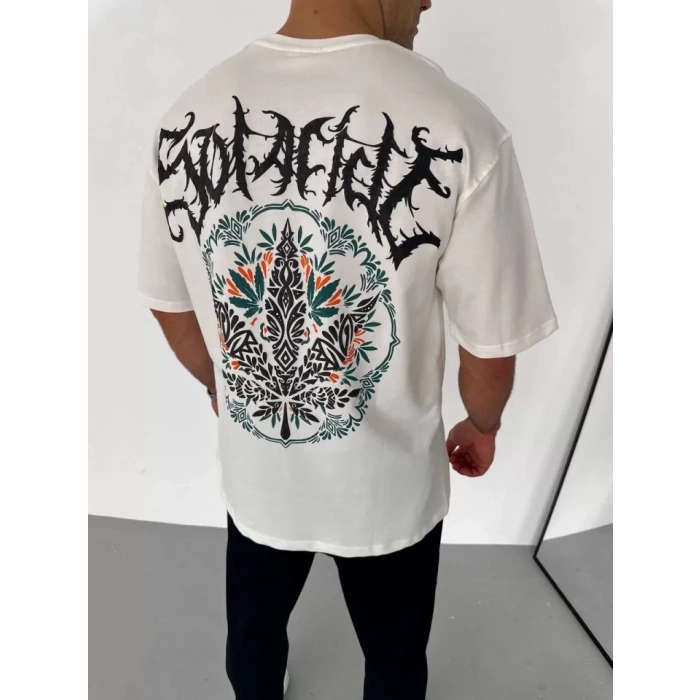 Unisex Bisiklet Yaka Baskılı Oversize T-Shirt - Beyaz