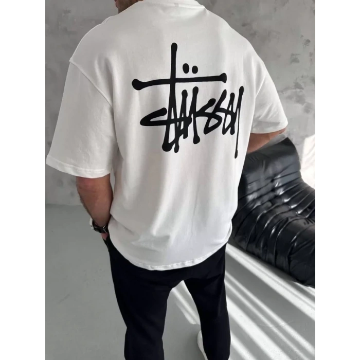 Unisex Bisiklet Yaka Baskılı Oversize T-Shirt - Beyaz