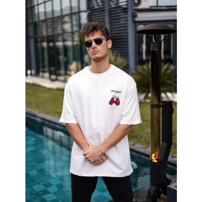 Unisex Bisiklet Yaka Baskılı Oversize T-Shirt - Beyaz