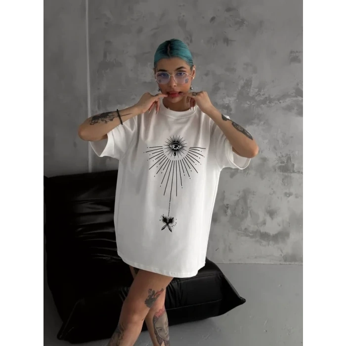 Unisex Bisiklet Yaka Baskılı Oversize T-Shirt - Beyaz