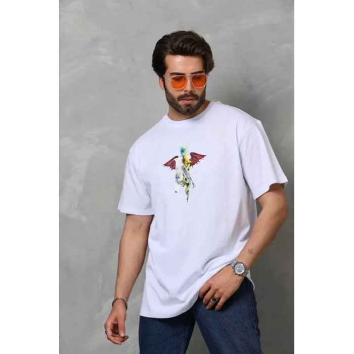 Unisex Bisiklet Yaka Baskılı Oversize T-Shirt - Beyaz