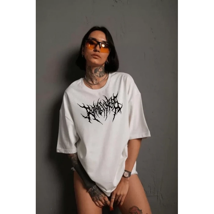 Unisex Bisiklet Yaka Baskılı Oversize T-Shirt - Beyaz