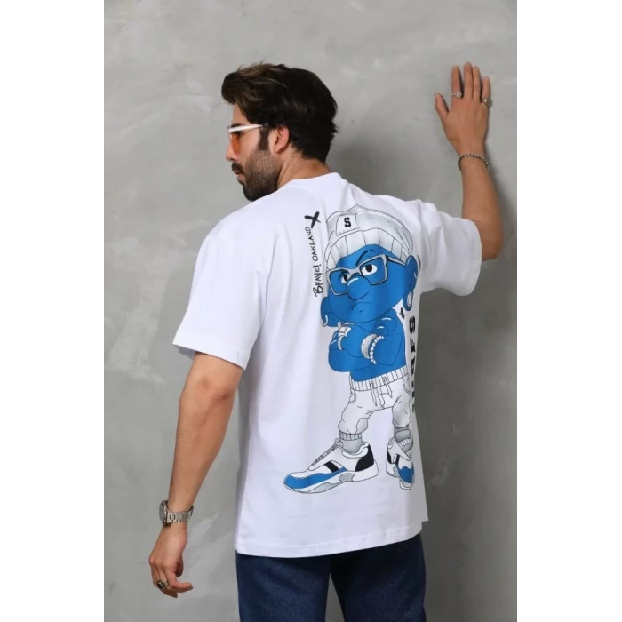 Unisex Bisiklet Yaka Baskılı Oversize T-Shirt - Beyaz
