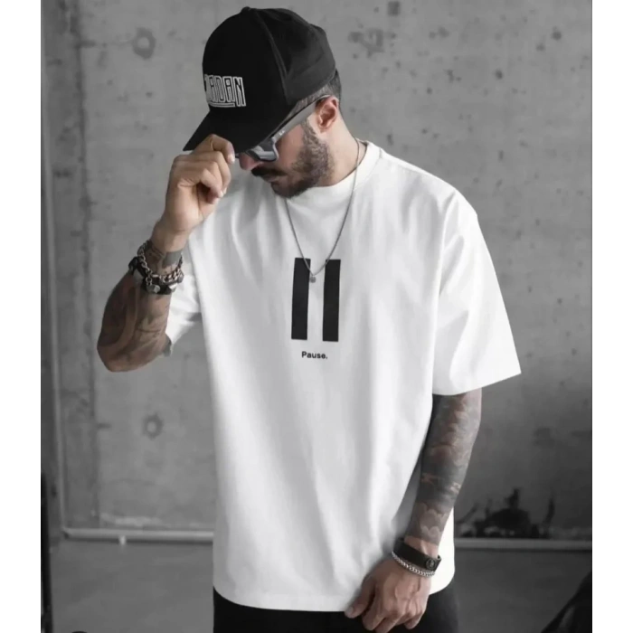 Unisex Bisiklet Yaka Baskılı Oversize T-Shirt - Beyaz