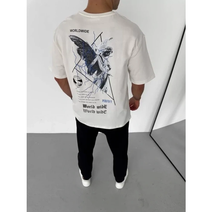 Unisex Bisiklet Yaka Baskılı Oversize T-Shirt - Beyaz