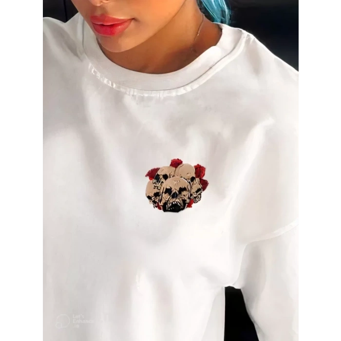 Unisex Bisiklet Yaka Baskılı Oversize T-Shirt - Beyaz