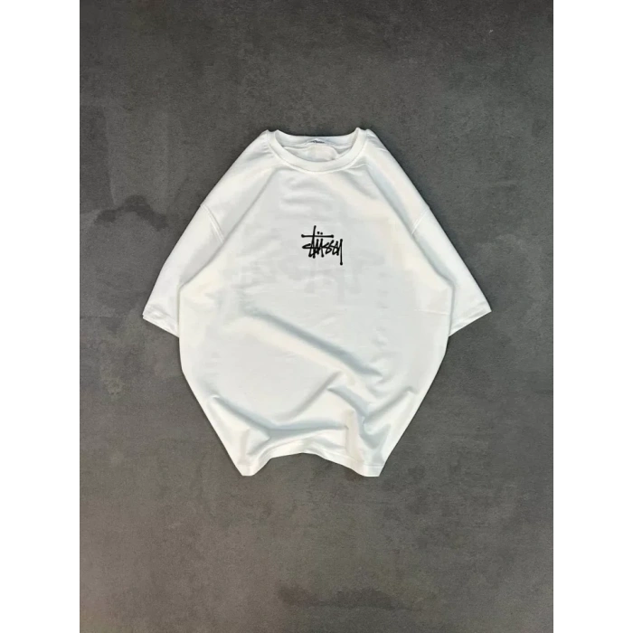 Unisex Bisiklet Yaka Baskılı Oversize T-Shirt - Beyaz