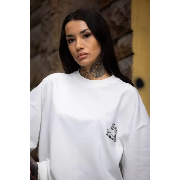 Unisex Bisiklet Yaka Baskılı Oversize T-Shirt - Beyaz