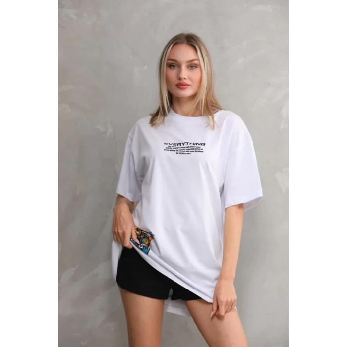 Unisex Bisiklet Yaka Baskılı Oversize T-Shirt - Beyaz