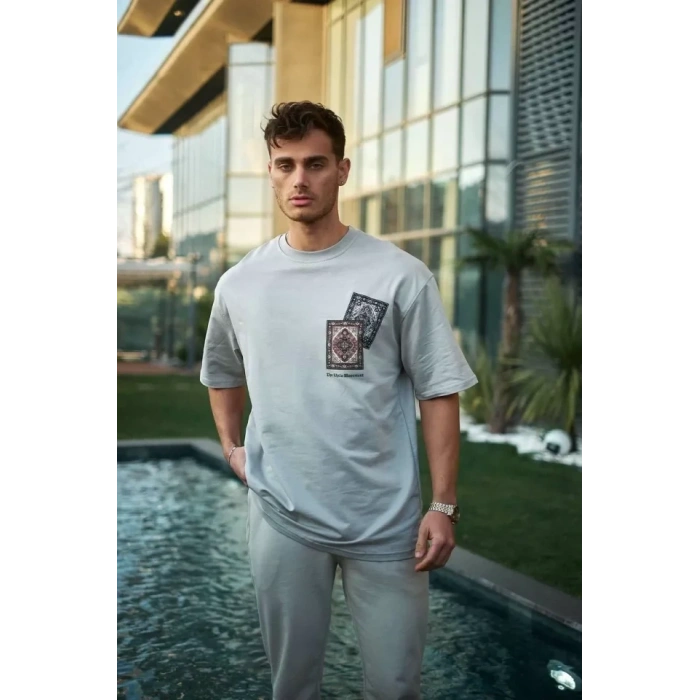 Unisex Bisiklet Yaka Baskılı Oversize T-Shirt - Boyalı Gri