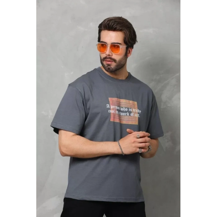 Unisex Bisiklet Yaka Baskılı Oversize T-Shirt - Füme