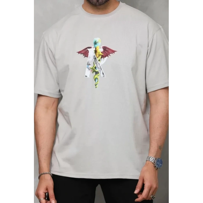 Unisex Bisiklet Yaka Baskılı Oversize T-Shirt - Gri