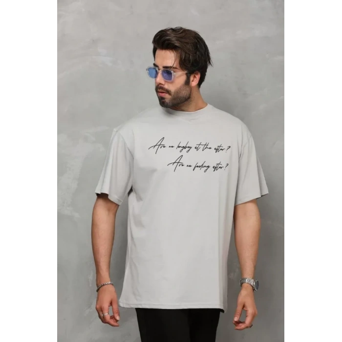 Unisex Bisiklet Yaka Baskılı Oversize T-Shirt - Gri