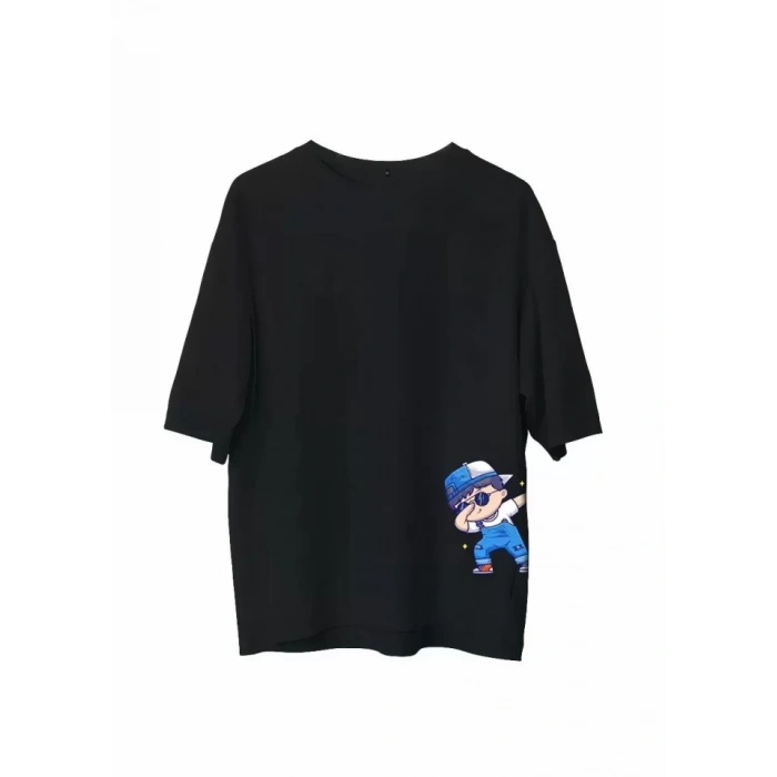 Unisex Bisiklet Yaka Baskılı Oversize T-Shirt - Siyah