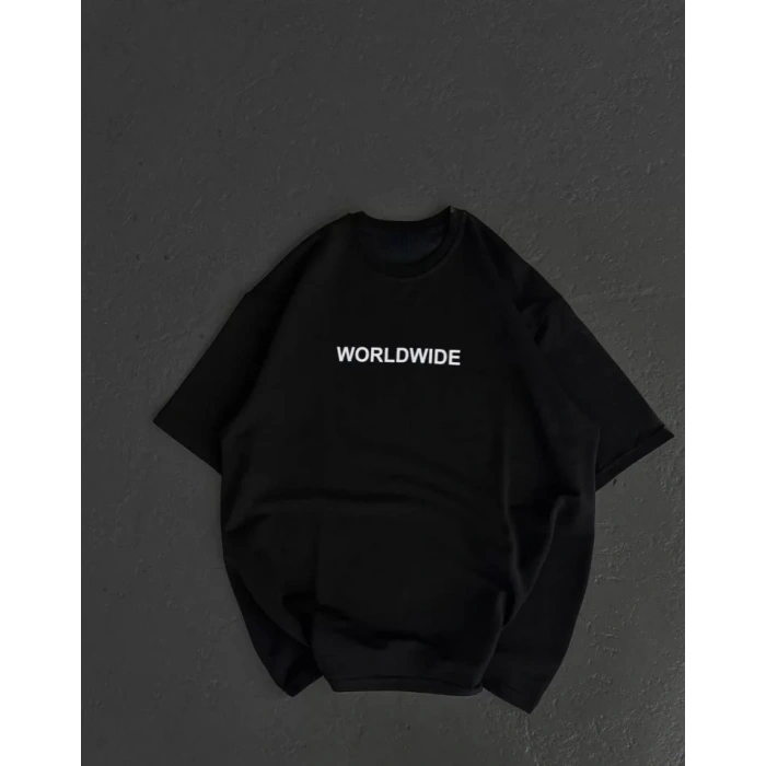 Unisex Bisiklet Yaka Baskılı Oversize T-Shirt - Siyah