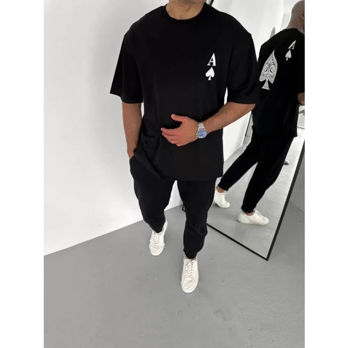 Unisex Bisiklet Yaka Baskılı Oversize T-Shirt - Siyah