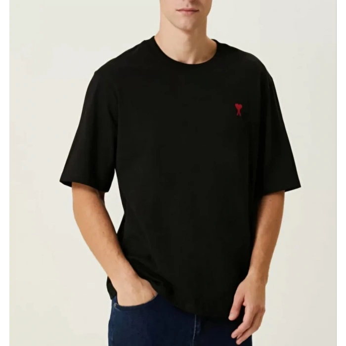Unisex Bisiklet Yaka Baskılı Oversize T-Shirt - Siyah