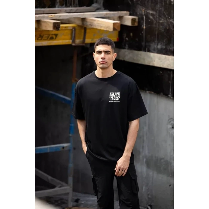Unisex Bisiklet Yaka Baskılı Oversize T-Shirt - Siyah