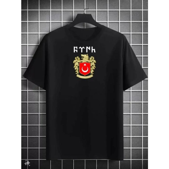 Unisex Bisiklet Yaka Baskılı Oversize T-Shirt - Siyah