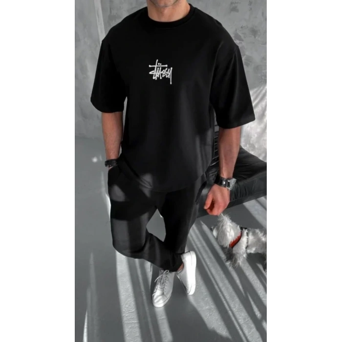 Unisex Bisiklet Yaka Baskılı Oversize T-Shirt - Siyah