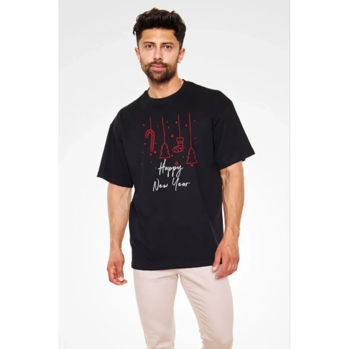Unisex Bisiklet Yaka Baskılı Oversize T-Shirt - Siyah