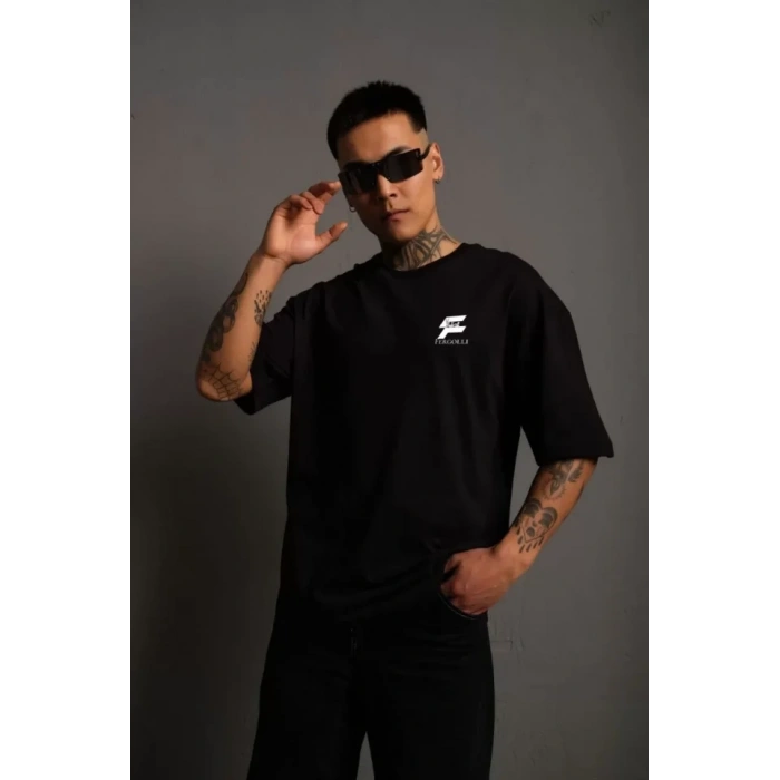Unisex Bisiklet Yaka Baskılı Oversize T-Shirt - Siyah