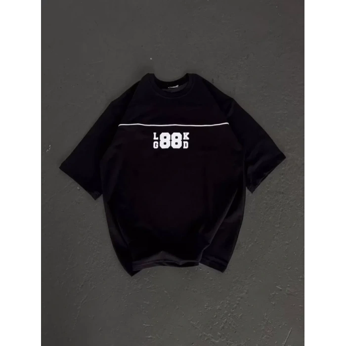 Unisex Bisiklet Yaka Baskılı Oversize T-Shirt - Siyah