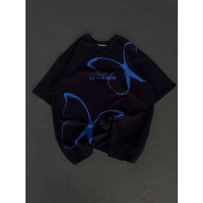 Unisex Bisiklet Yaka Baskılı Oversize T-Shirt - Siyah
