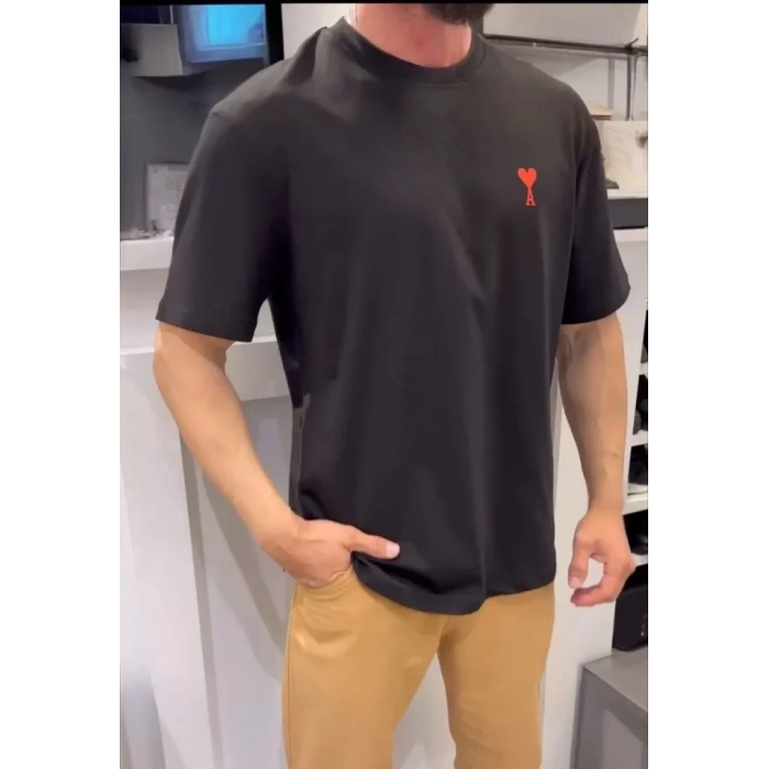 Unisex Bisiklet Yaka Baskılı Oversize T-Shirt - Siyah