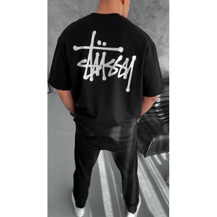 Unisex Bisiklet Yaka Baskılı Oversize T-Shirt - Siyah