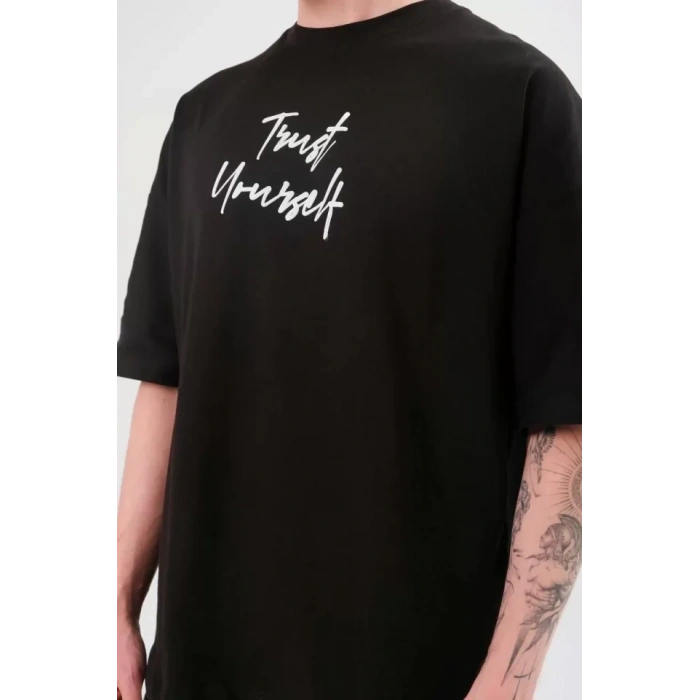 Unisex Bisiklet Yaka Baskılı Oversize T-Shirt - Siyah