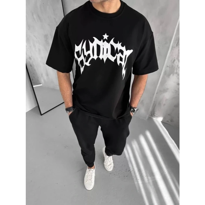 Unisex Bisiklet Yaka Baskılı Oversize T-Shirt - Siyah