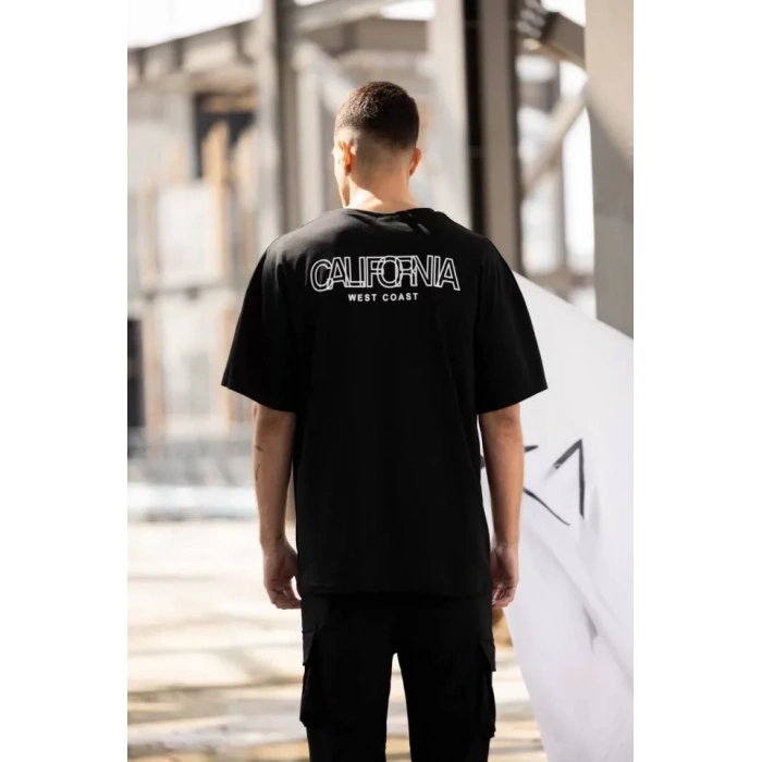 Unisex Bisiklet Yaka Baskılı Oversize T-Shirt - Siyah