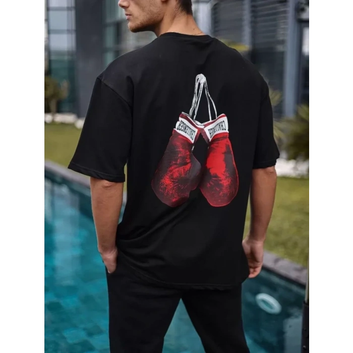 Unisex Bisiklet Yaka Baskılı Oversize T-Shirt - Siyah