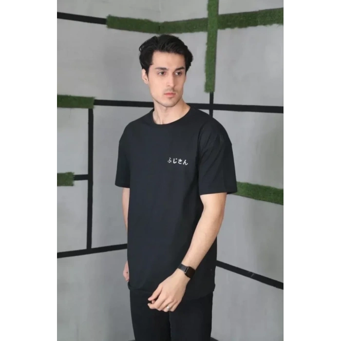 Unisex Bisiklet Yaka Baskılı Oversize T-Shirt - Siyah