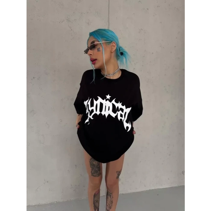 Unisex Bisiklet Yaka Baskılı Oversize T-Shirt - Siyah