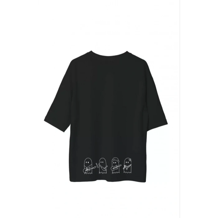 Unisex Bisiklet Yaka Baskılı Oversize T-Shirt - Siyah