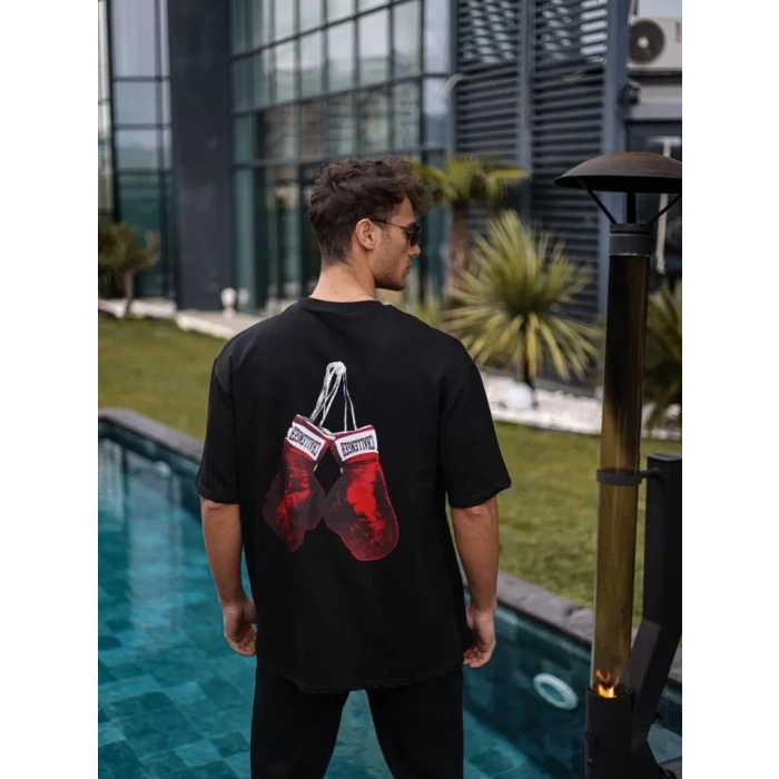 Unisex Bisiklet Yaka Baskılı Oversize T-Shirt - Siyah
