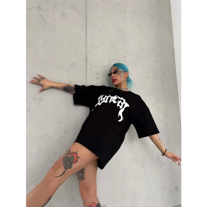 Unisex Bisiklet Yaka Baskılı Oversize T-Shirt - Siyah