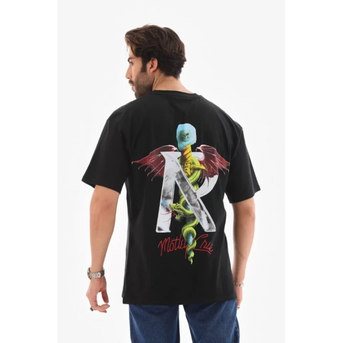Unisex Bisiklet Yaka Baskılı Oversize T-Shirt - Siyah