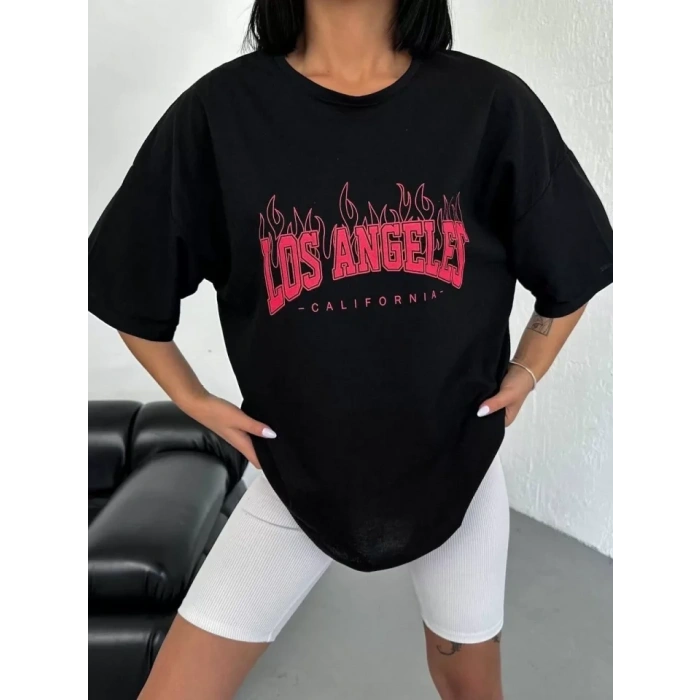 Unisex Bisiklet Yaka Baskılı Oversize T-Shirt - Siyah