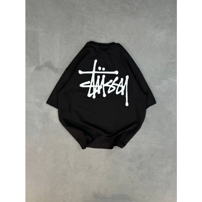Unisex Bisiklet Yaka Baskılı Oversize T-Shirt - Siyah
