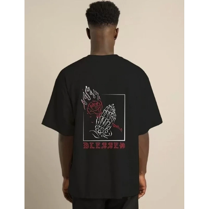 Unisex Bisiklet Yaka Oversize Baskılı T-Shirt - Siyah