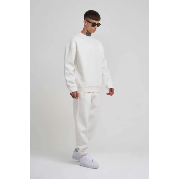 Unisex Biskilet Yaka Üç İplik SweatShirt - Beyaz