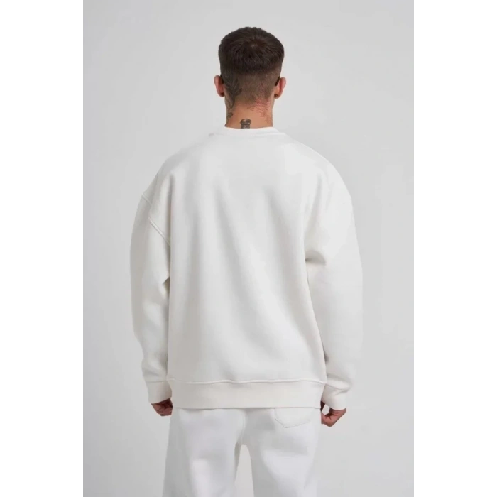 Unisex Biskilet Yaka Üç İplik SweatShirt - Beyaz