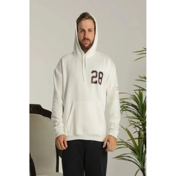 Unisex Kapşonlu Baskılı Sweetshirt - Beyaz