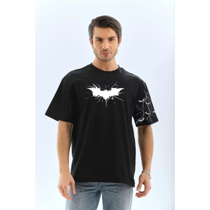Unisex Ön Ve Kol Baskılı Oversize T-shirt - Siyah
