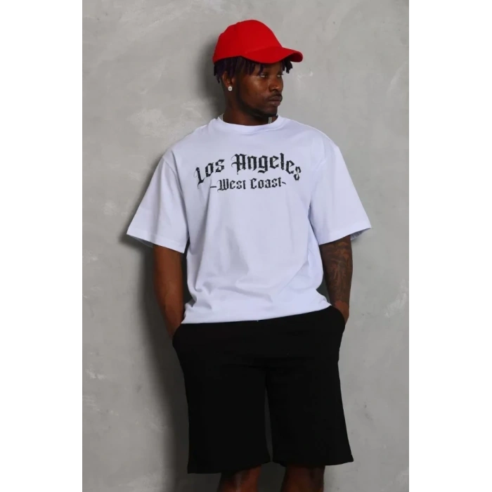 Unisex Oversize Baskılı Bisiklet Yaka T-Shirt - Beyaz