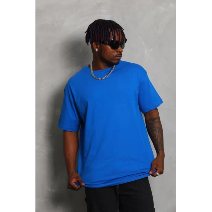 Unisex Oversize Düz Bisiklet Yaka T-Shirt - Mavi